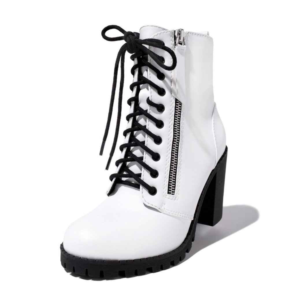 NEW๐ฅ White Ankle Booties Lug Sole Platform Lace-Up Combat Boot Chunky High Heel - Picture 3 of 5